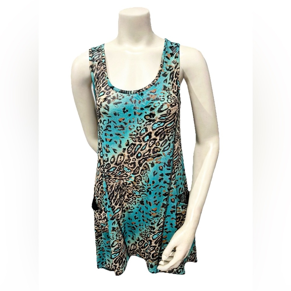 Joseph Ribkoff Metallic Leopard Tunic Top Aqua Turquoise Sleeveless 8 Canada
